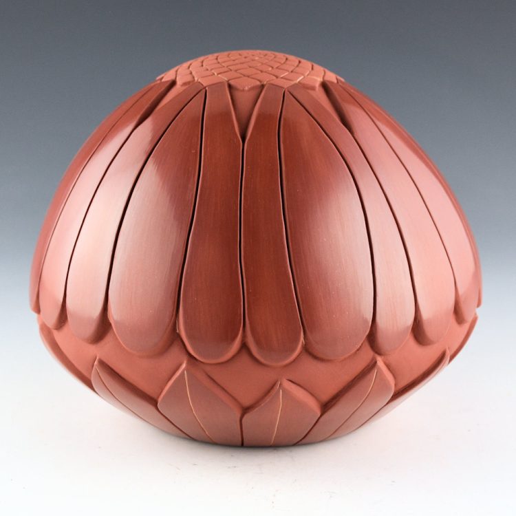 Tafoya, Stephanie - "Sun Flower" Large Red Seedpot with Spiral Top