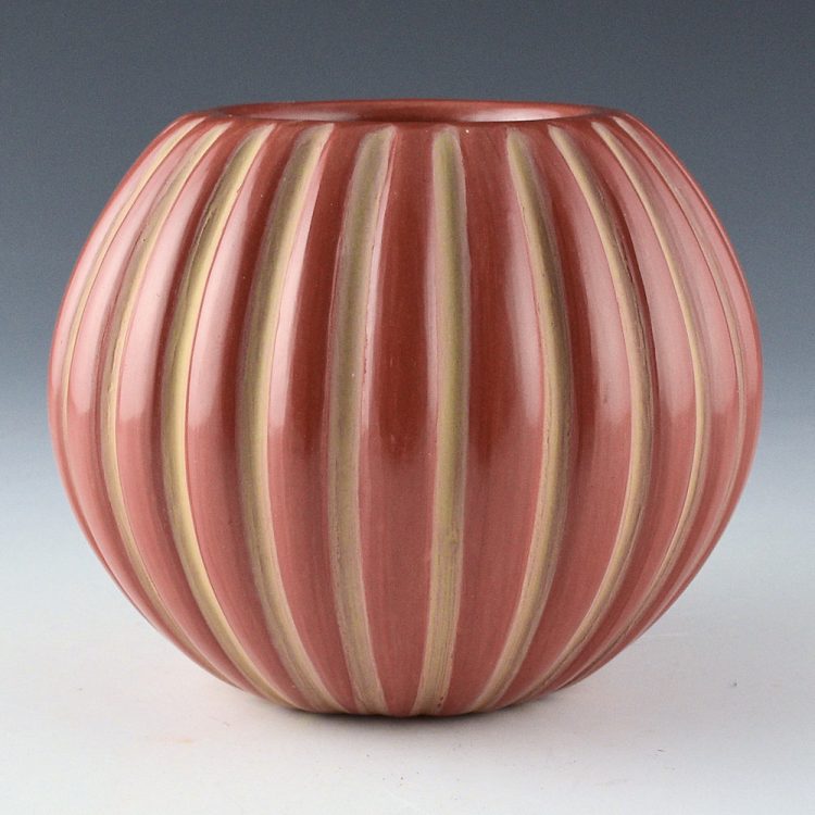 Baca, Angela - Red and Tan 26 Rib Melon Bowl (1980s)