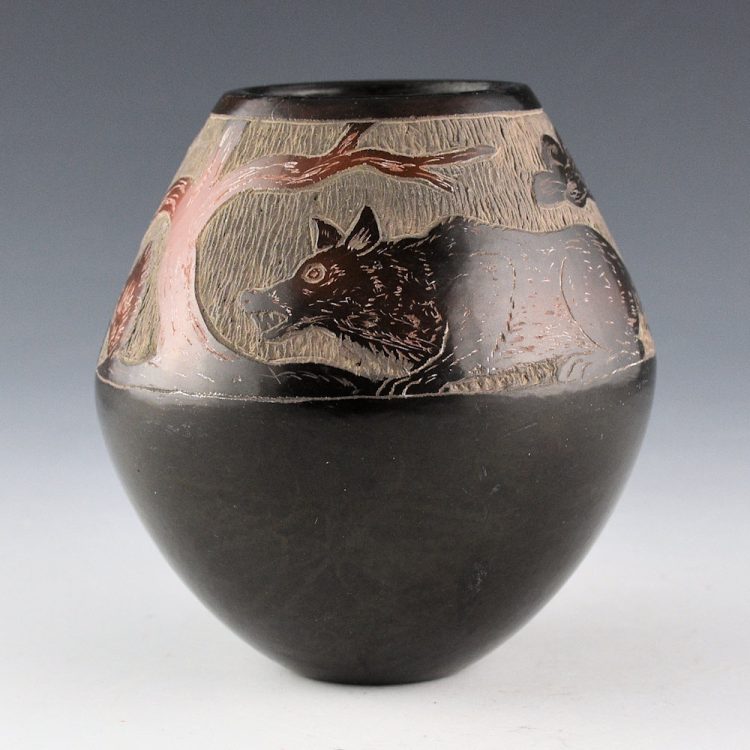 Moquino, Corn - Black and Sienna Jar with Rabbit and Wolf