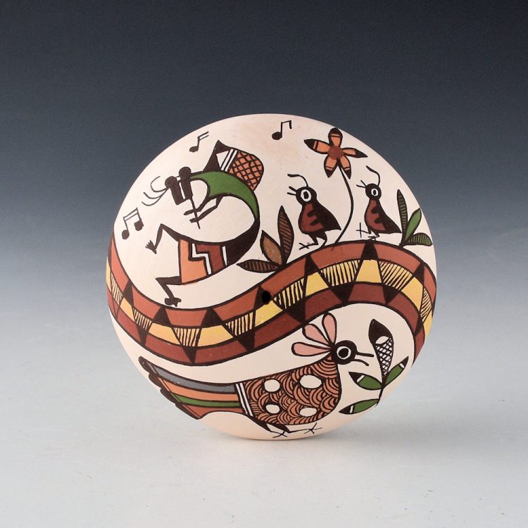 Lewis-Garcia, Diane - Polychrome Seedpot with Peacock, Flute Player, Quail and Rainbow