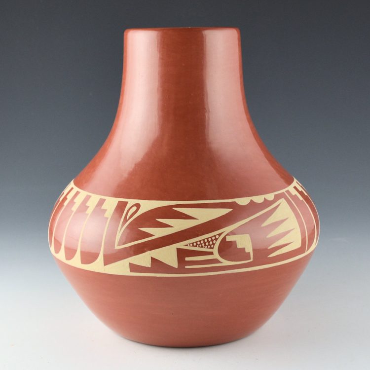 Torres, Elvis - 8" Tall Red Water Jar with Feather and Cloud Designs (1990s)