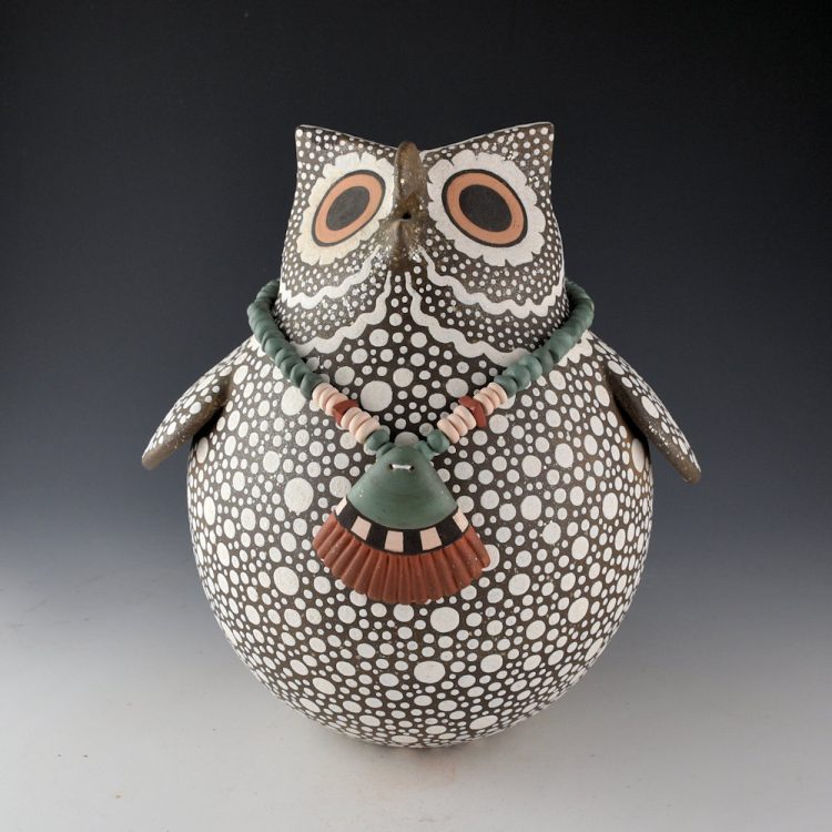 Nahohai, Jaycee - 9.5" Tall Large Clay Owl with Clay Necklace (2017)