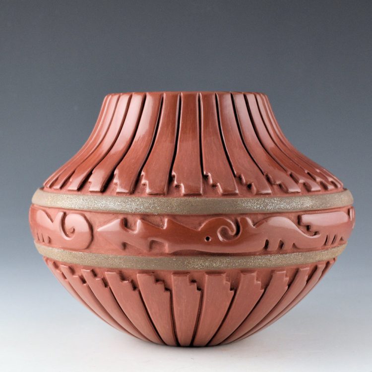 Tafoya-Sanchez, Linda - Red Jar with Triple Avanyu and 60 Carved Feathers