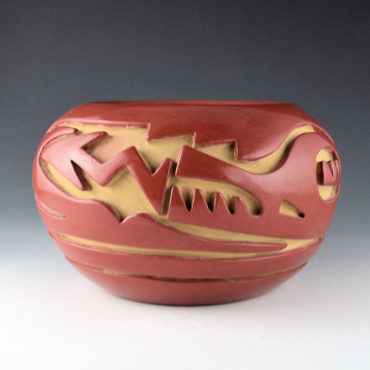 Naranjo, Teresita  - Red Deep Carved Bowl with Avanyu (1970s)