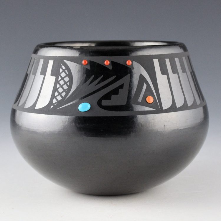 Gonzales, Cavan  - Black Jar with Feather and Geometric Designs, Turquoise and Coral