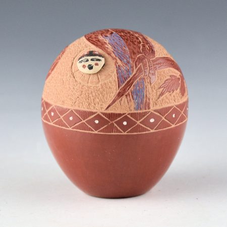 Alternative view of Garcia, Gloria "Golden Rod" - Red Seedpot with Parrots and Sun