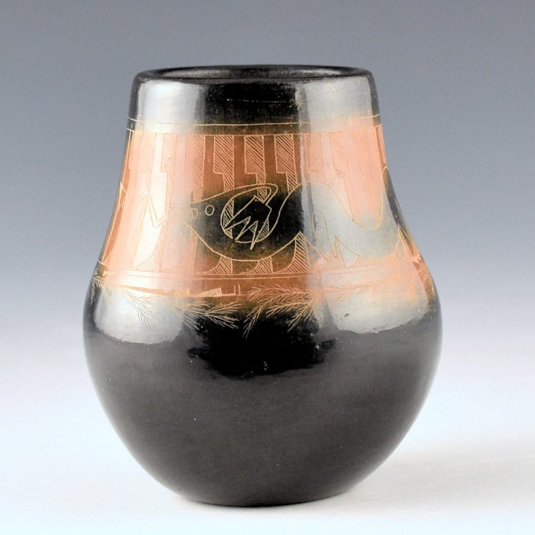 Sanchez, Kathy "Wan Povi" - Black & Sienna Jar with Avanyu, Rainbow and Turquoise