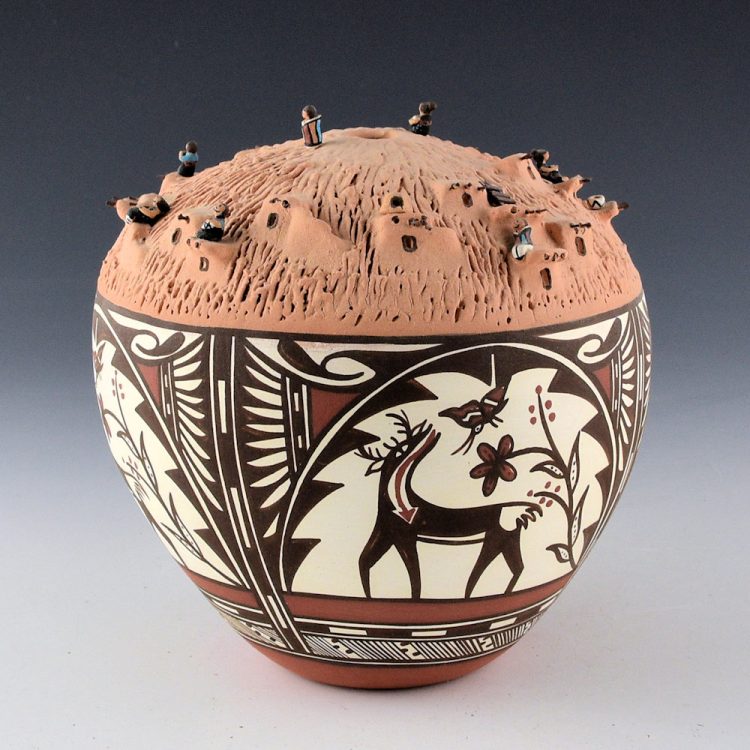 Simplicio, Noreen - Large Seedpot with Deer and Pueblo Scene (1996)