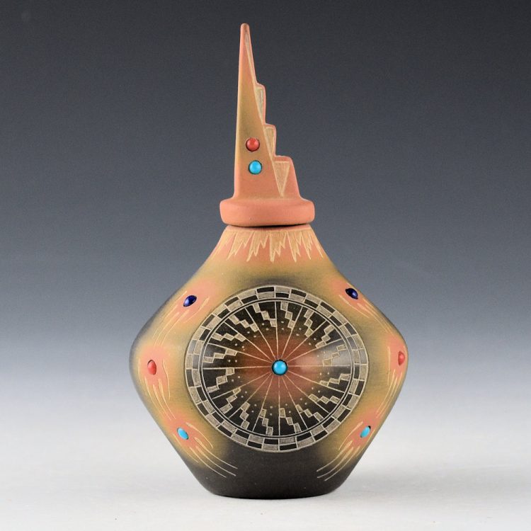 Suazo, Ron - Black and Sienna Jar with Stones and Lid (1990s)