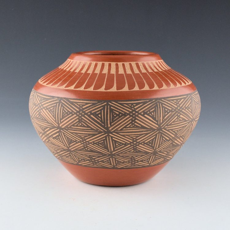 Yepa, Alvina - Jar with 51 Incised Feathers and Painted Interlocking Stars