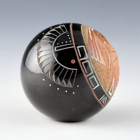 Alternative view of Haungooah, Art Cody - Black and Sienna Seedpot with Flute Player, Suns, and Turquoise (1983)