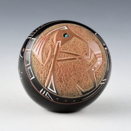 Haungooah, Art Cody - Black and Sienna Seedpot with Flute Player, Suns, and Turquoise (1983)