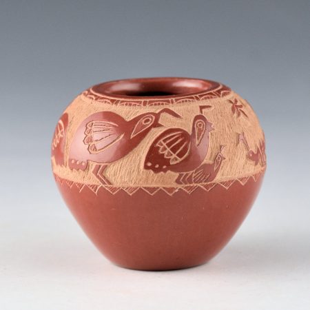 Garcia, Gloria "Golden Rod" - Red Bowl with 7 Quail, Grasshopper, and Dragonfly