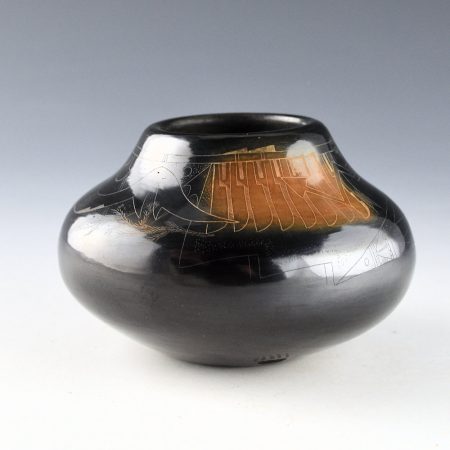Alternative view of Sanchez, Kathy "Wan Povi" - Black & Sienna Jar with Avanyu and Feathers