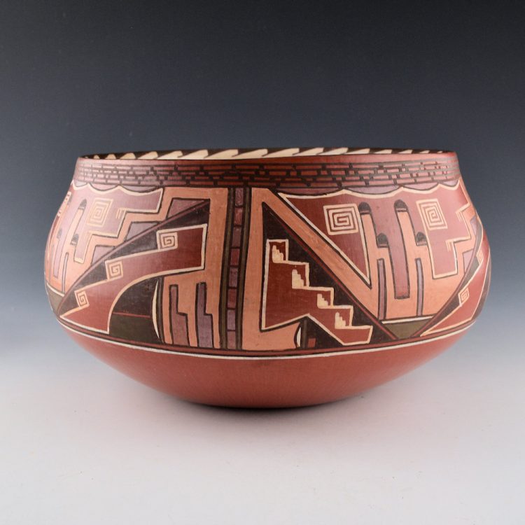 Begaye, Nathan - Large Polychrome Open Jar with Rain Designs and White Polished Interior (1990)