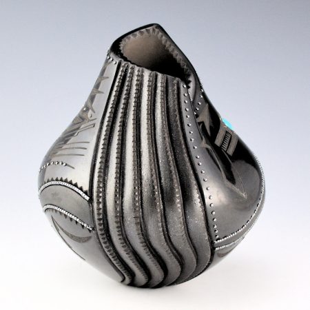 Alternative view of Sanchez, Russell  - Gunmetal "Cliff" Jar with Avanyu, Pueblo Bird and 126 Stones