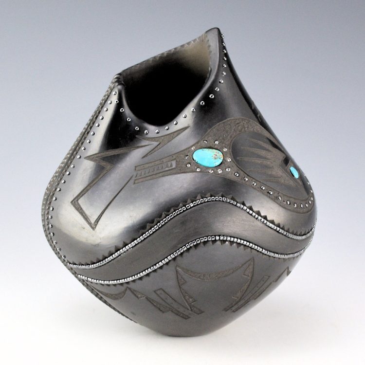 Sanchez, Russell  - Gunmetal "Cliff" Jar with Avanyu, Pueblo Bird and 126 Stones