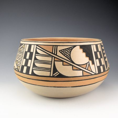 Blue Corn - 11" Wide Polychrome Bowl with Feather, Rain, and Cloud Designs (1970s)
