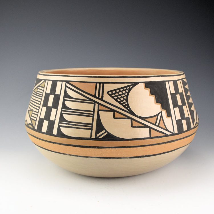 Blue Corn - 11" Wide Polychrome Bowl with Feather, Rain, and Cloud Designs (1970s)