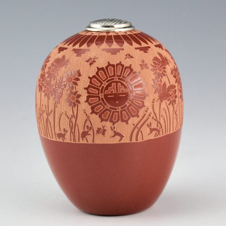 Duwyenie, Debra and Preston - Tall Seedpot with Hummingbirds, Flowers, Sun and Silver Lid