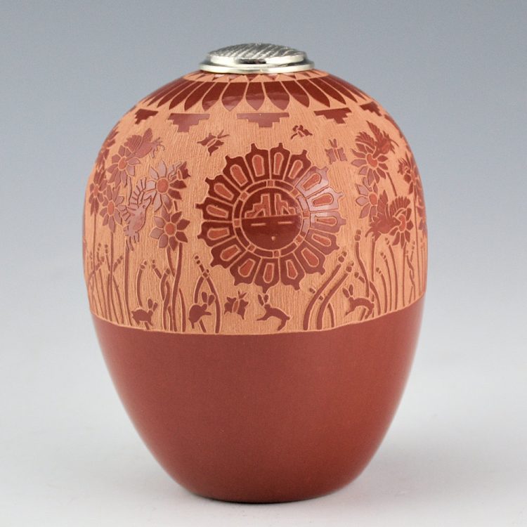 Duwyenie, Debra and Preston - Tall Seedpot with Hummingbirds, Flowers, Sun and Silver Lid
