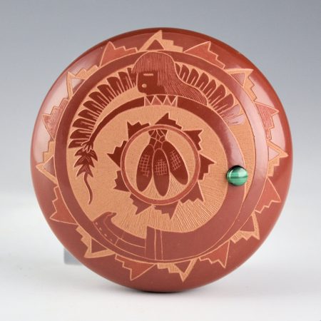 Chavarria, Harvey & Debra Trujillo - Flat Seedpot with Corn Maiden and Malachite (1980s)