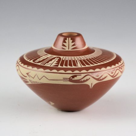 Curran, Dolores - Painted Jar with Feathers and Avanyu