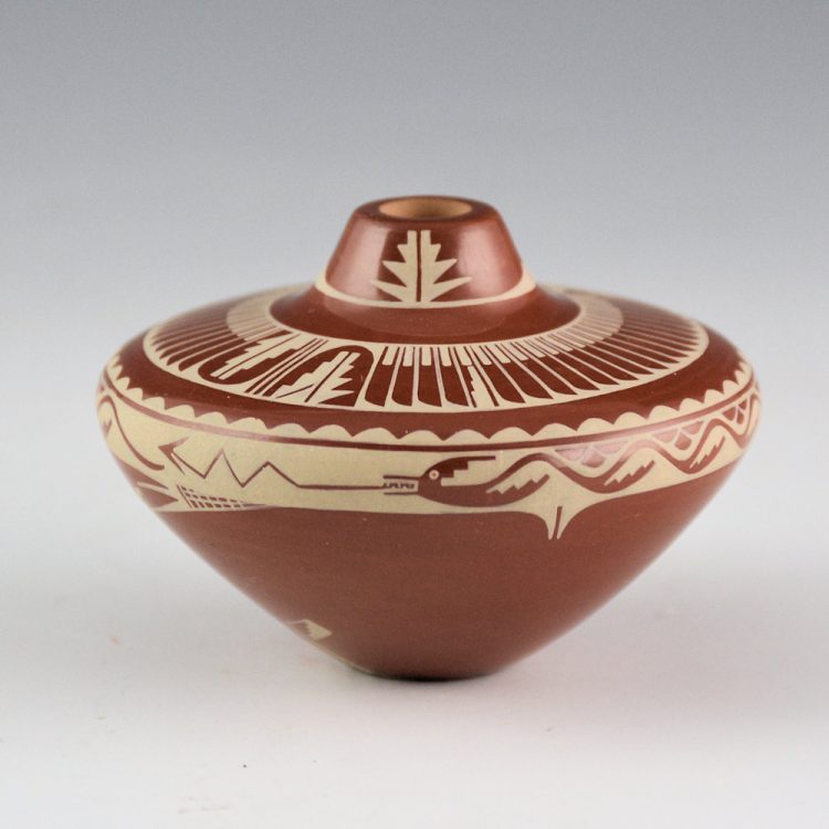 Curran, Dolores - Painted Jar with Feathers and Avanyu