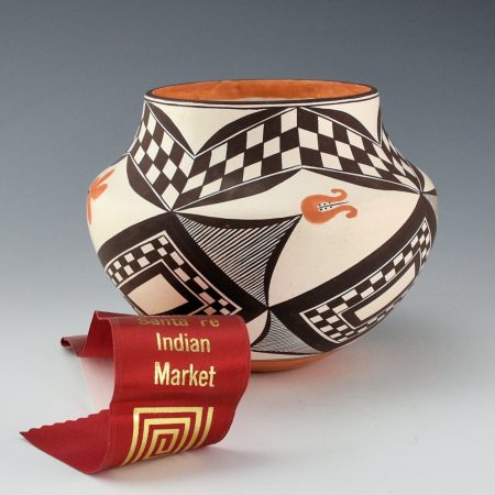 Aragon, Dolores Juanico- Water Jar "1890-1900 Designs" with Checkerboard and Flowers, Ribbon