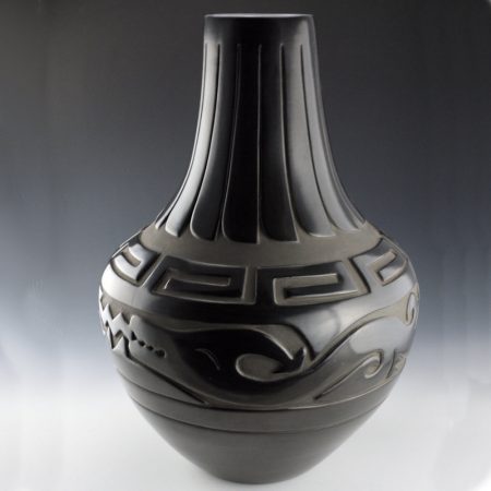 Naranjo, Elizabeth - 18.5" Tall Water Jar with Carved Avanyu and 16 Feathers (1990s)