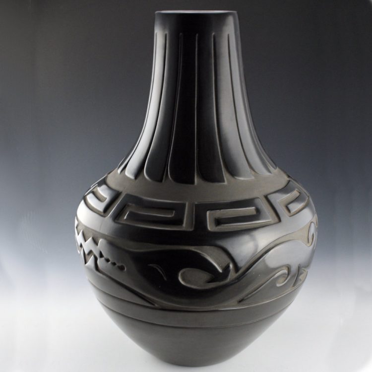 Naranjo, Elizabeth - 18.5" Tall Water Jar with Carved Avanyu and 16 Feathers (1990s)