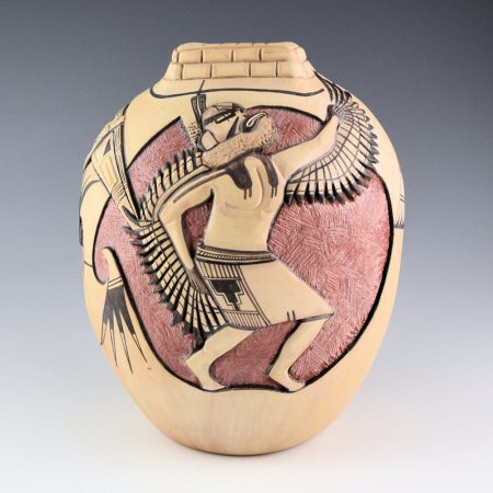Nampeyo, Gary Polacca - Tall Jar with Carved Eagle Dancer, Sun, and Hano Katsinas (1970s)