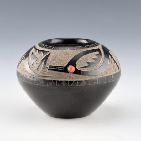 Garcia, Gloria "Golden Rod" - Black Bowl with Avanyu and Coral