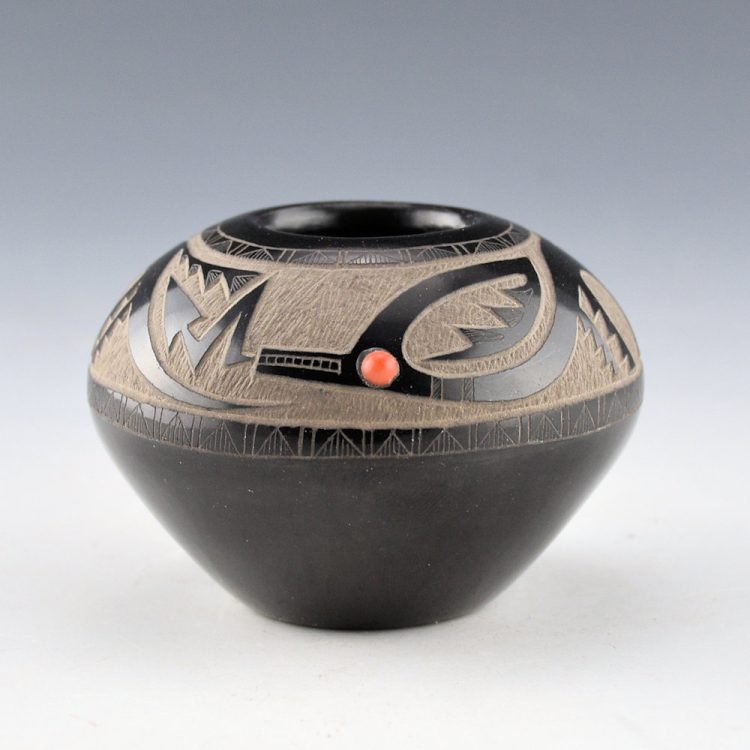 Garcia, Gloria "Golden Rod" - Black Bowl with Avanyu and Coral