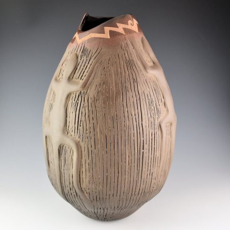 Alternative view of Folwell, Jody - 14" Tall Asymmetric Rim Jar with Four Lizards in Relief (1980s)