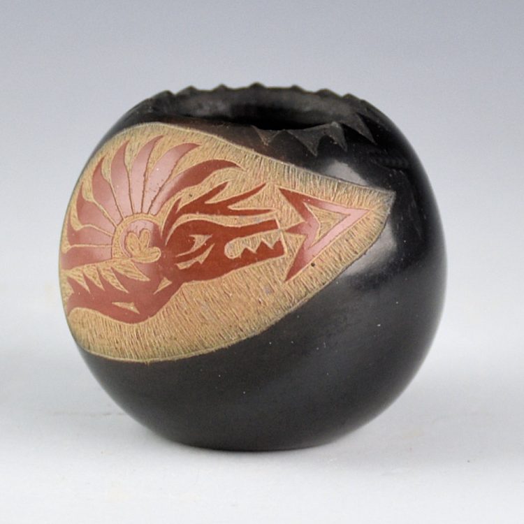 Lonewolf, Joseph - Red & Black Bowl with Avanyu and Carved Rim (1971)
