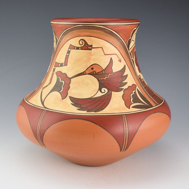 Gutierrez, Lois  - Water Jar with Hummingbirds, Avanyu, Clouds, and Flowers (2015)