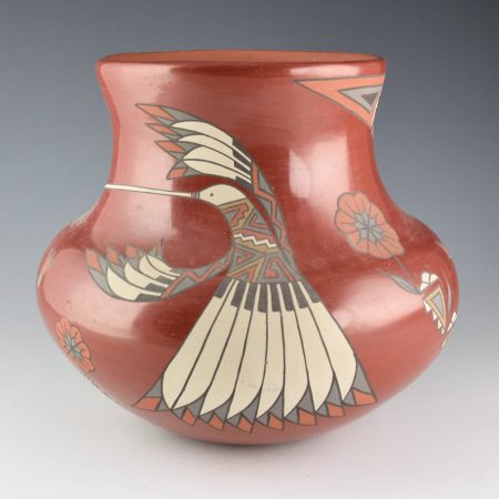 Gutierrez, Lois  - Large Red Polished Polychrome Water Jar with Hummingbirds (1980s)