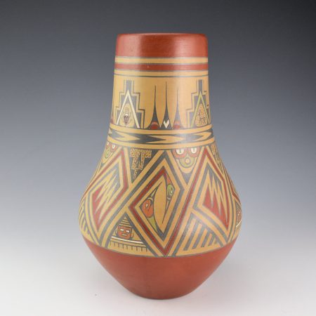 Gutierrez, Margaret & Luther - 10" Tall Polychrome Jar with Birds and Bird Wing Designs (1960s)