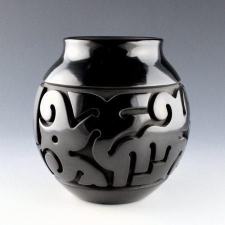 Youngblood, Nathan - Black Carved Jar with Clouds and Walking Bear Paw Designs