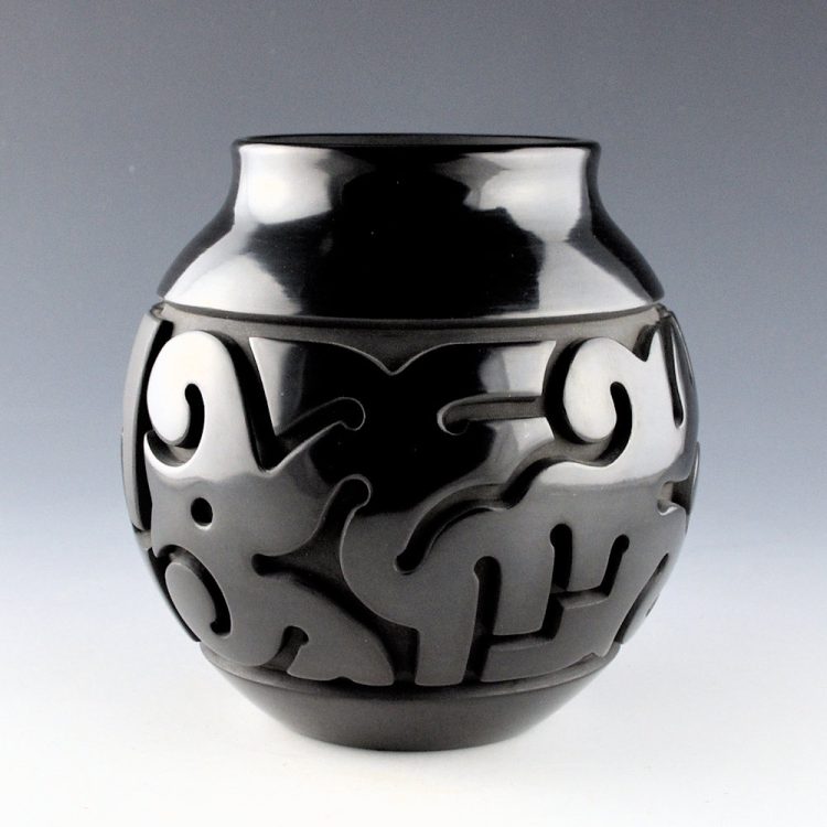 Youngblood, Nathan - Black Carved Jar with Clouds and Walking Bear Paw Designs