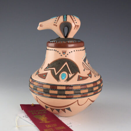 Sanchez, Russell  - Polychrome Jar with Bear, Bear Lid and 132 Inset Stones, Ribbon
