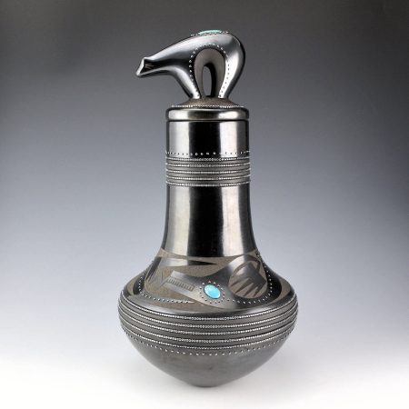 Sanchez, Russell  - 15" Tall Gunmetal Long Neck Jar with Avanyu, Bear Lid, and 340 Inset Stones