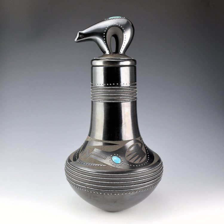 Sanchez, Russell  - 15" Tall Gunmetal Long Neck Jar with Avanyu, Bear Lid, and 340 Inset Stones