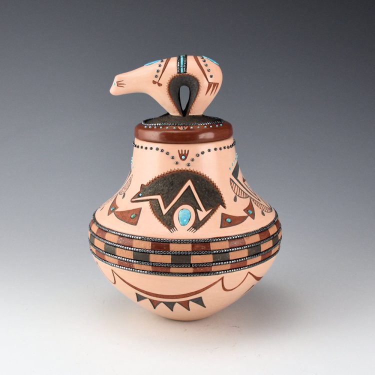 Sanchez, Russell  - Polychrome Jar with Bear, Bear Lid and 132 Inset Stones
