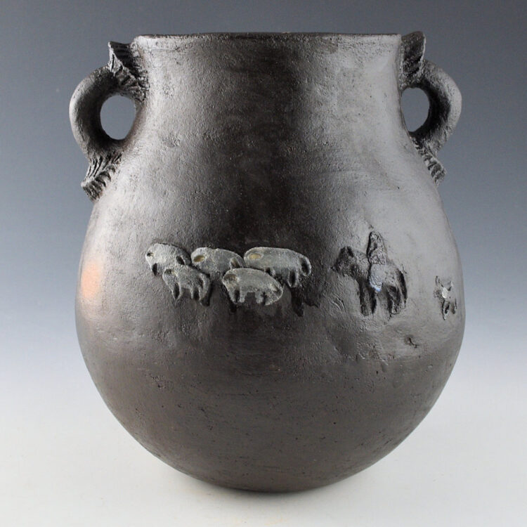 Manygoats, Betty - Jar with Navajo Scene, Sheep, Hogan, and Handles (1980s)