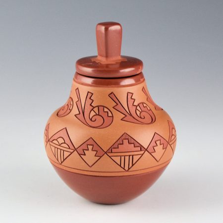 Curran, Dolores - Polychrome Jar with Swirling Birds, Mountains, Rain Designs, and Lid