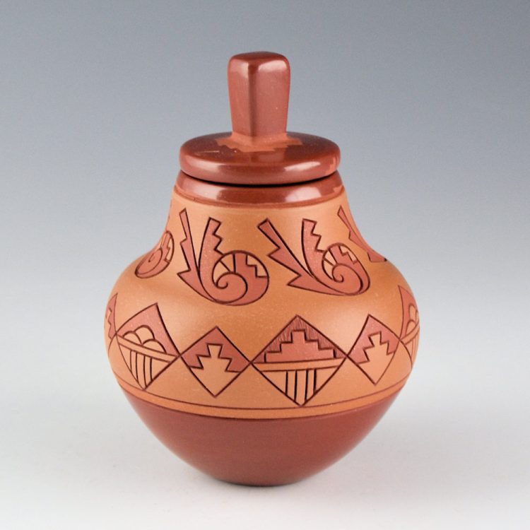 Curran, Dolores - Polychrome Jar with Swirling Birds, Mountains, Rain Designs, and Lid