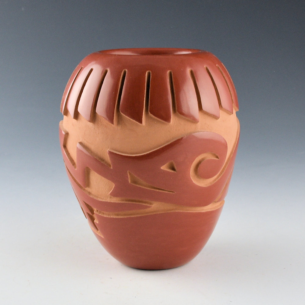 Vigil, Ethel - Carved Jar with 24 Feathers and Avanyu