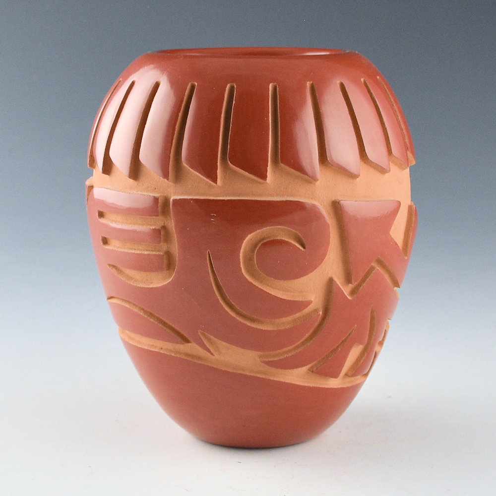 Vigil, Ethel - Carved Jar with 24 Feathers and Avanyu - Image 3